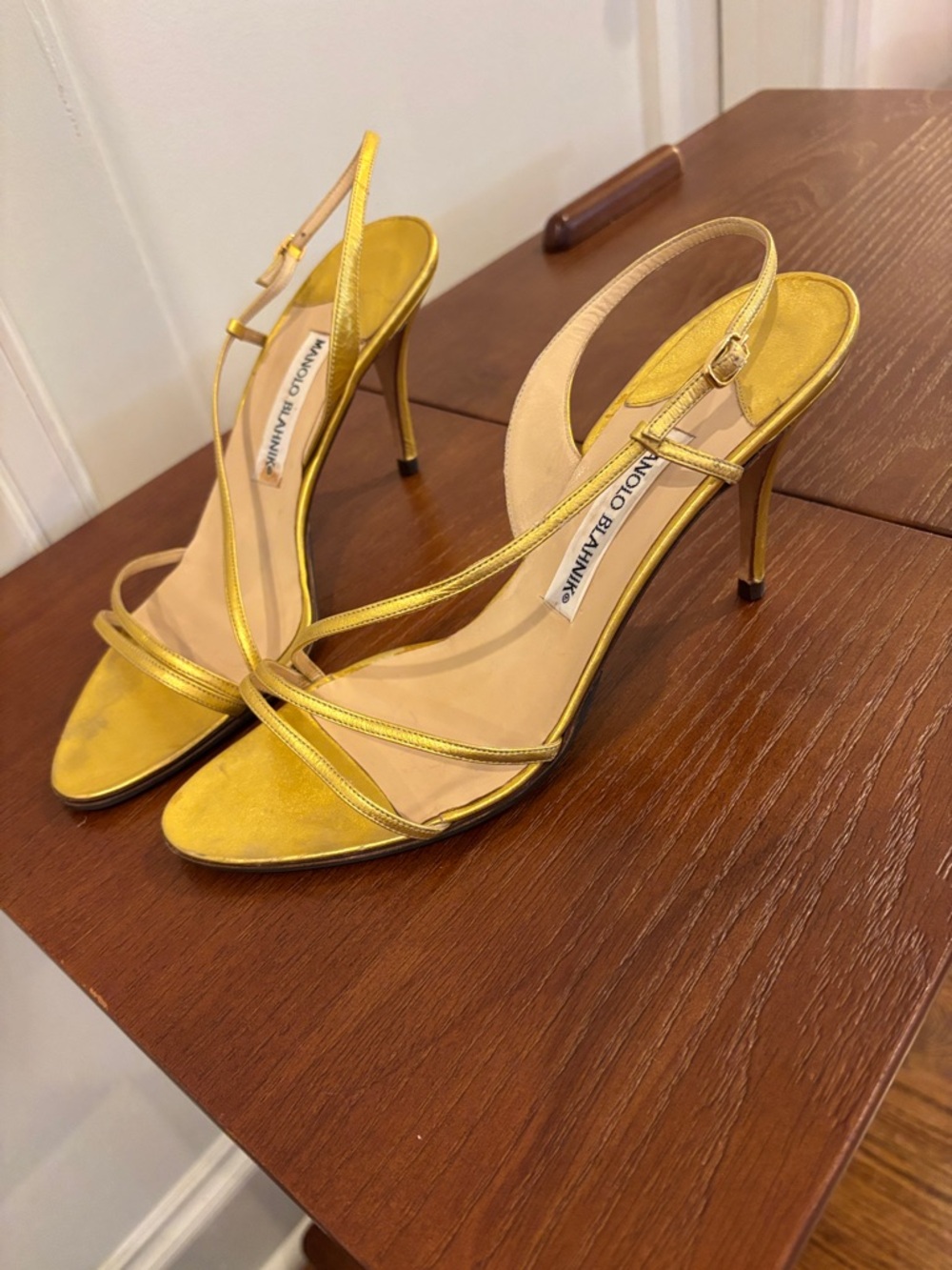 Manolo Blahnik Metallic Gold Strappy Slingback Heels - Picture 3 of 5